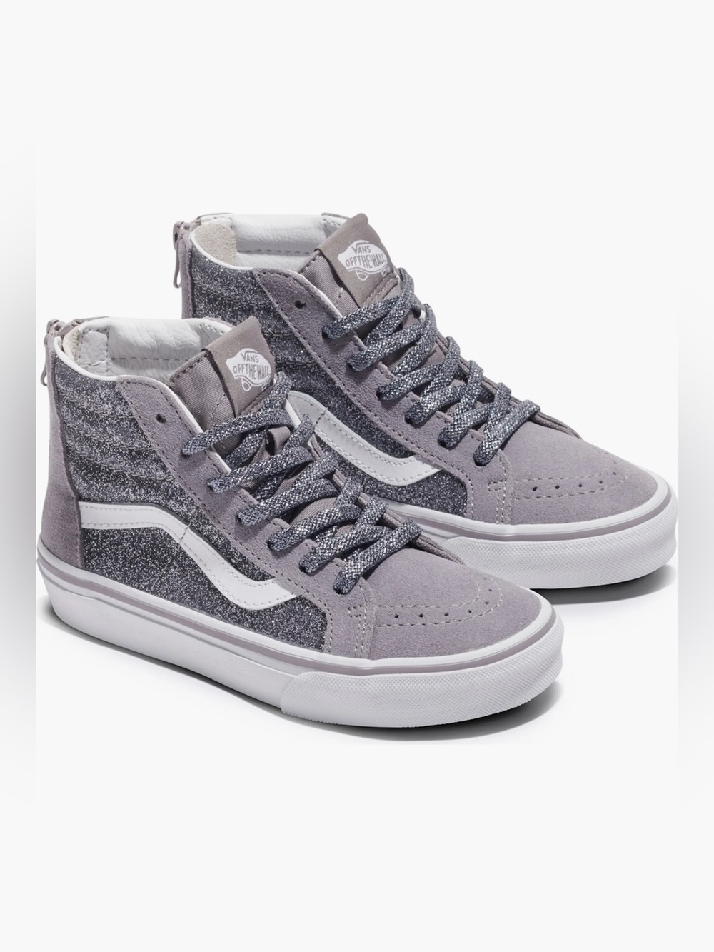 NWOT Vans Kids' Sk8-Hi Glitter High-Top Sneakers in Silver, Size 4.5
